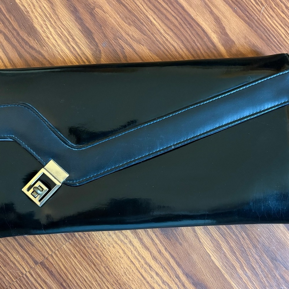 Chic Vintage Black faux patent Leather Clutch with Gold Accent